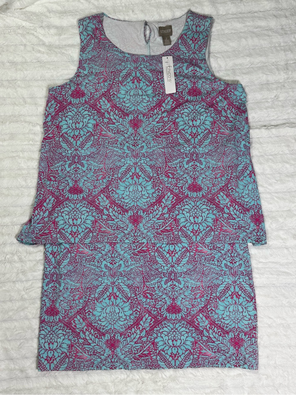 Chico’s Sleeveless Floral Overlay Dress - Blue & Pink - Size 2(12/14)